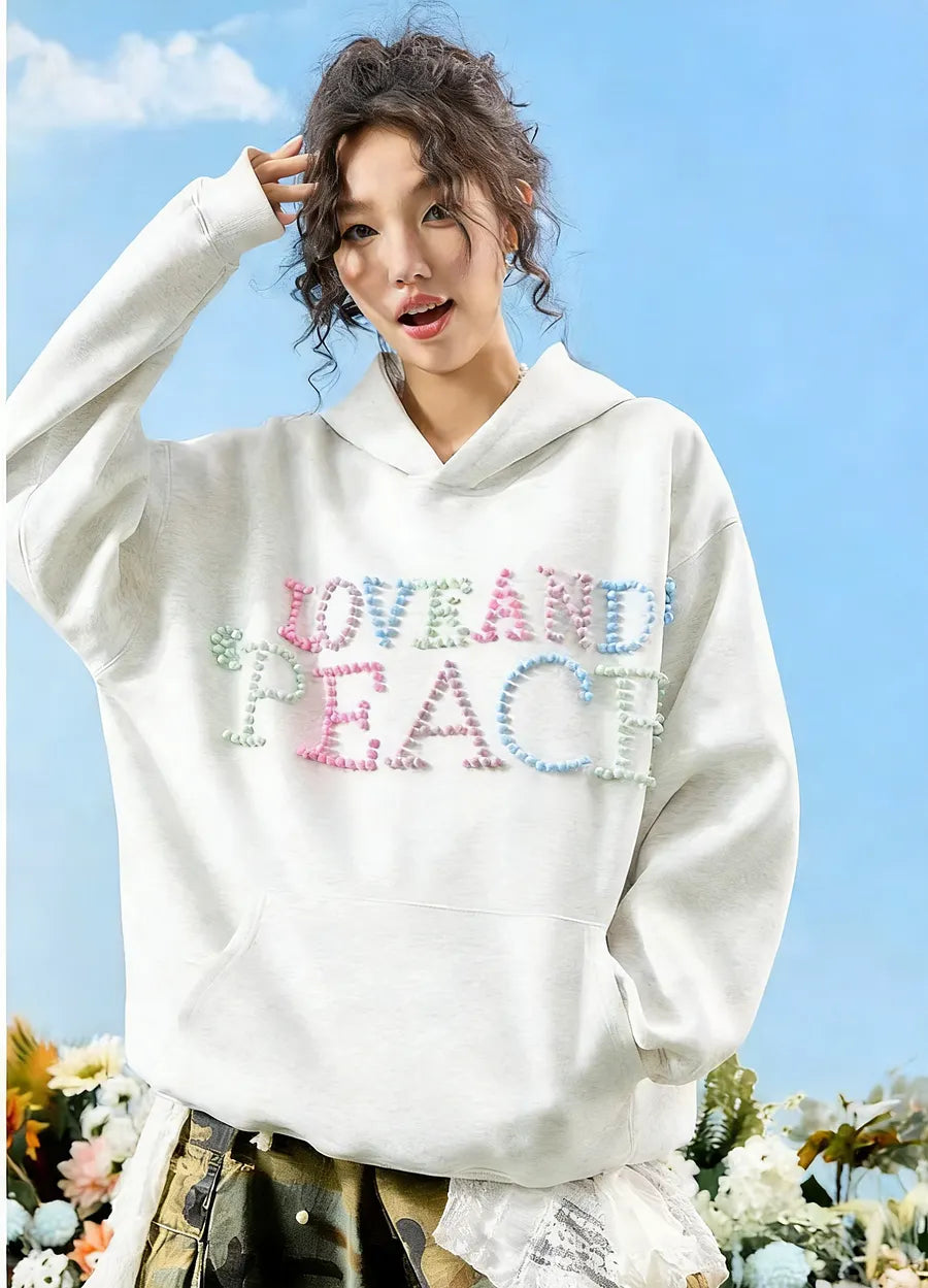 VINESU a38 - Pearl-Embellished "LOVE AND PEACE" Graphic Hoodie, Y2K Aesthetic Pullover