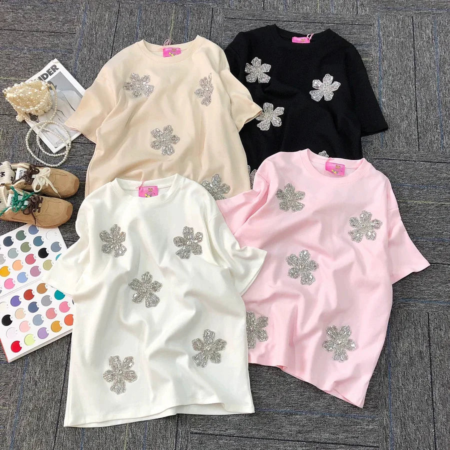 VINESU Sparkly floral embellishment T-shirts 🌸 A delicate trick for basic styles