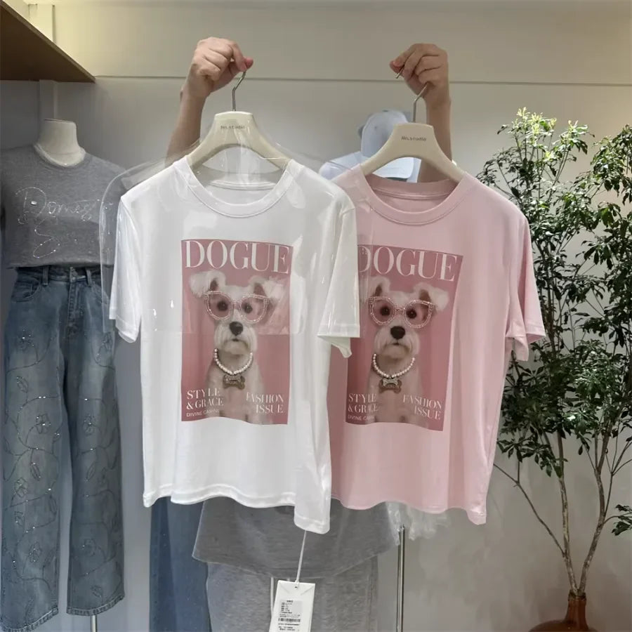 A116 - Premium 220 GSM Cotton Graphic Tee - "DOGUE" Schnauzer with Hand-Stitched Pearls & 3D Crystal Glasses