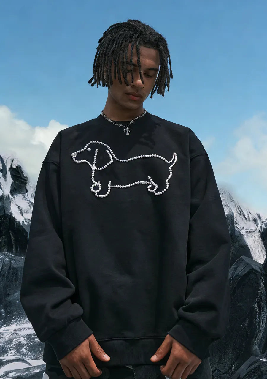 VINESU A35 - Oversized Pearl-Embellished Dachshund Graphic Sweatshirt, Couple’s Matching