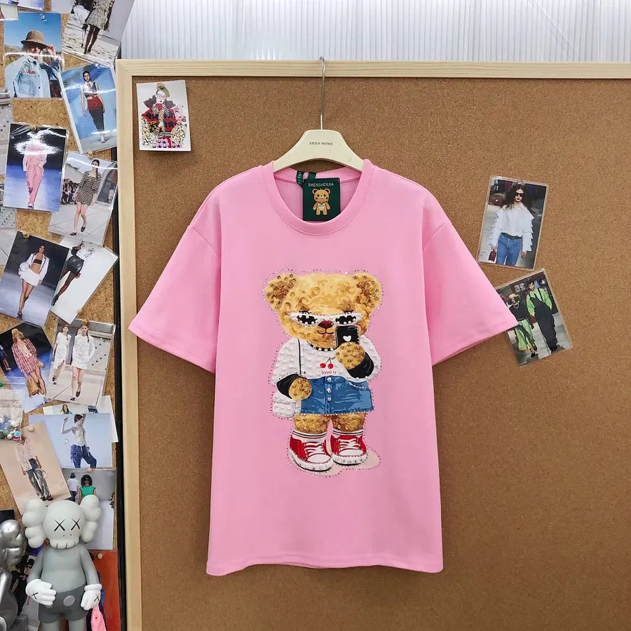 VINESU A18 - Selfie Teddy Bear Print Hand-Beaded Casual T-Shirt