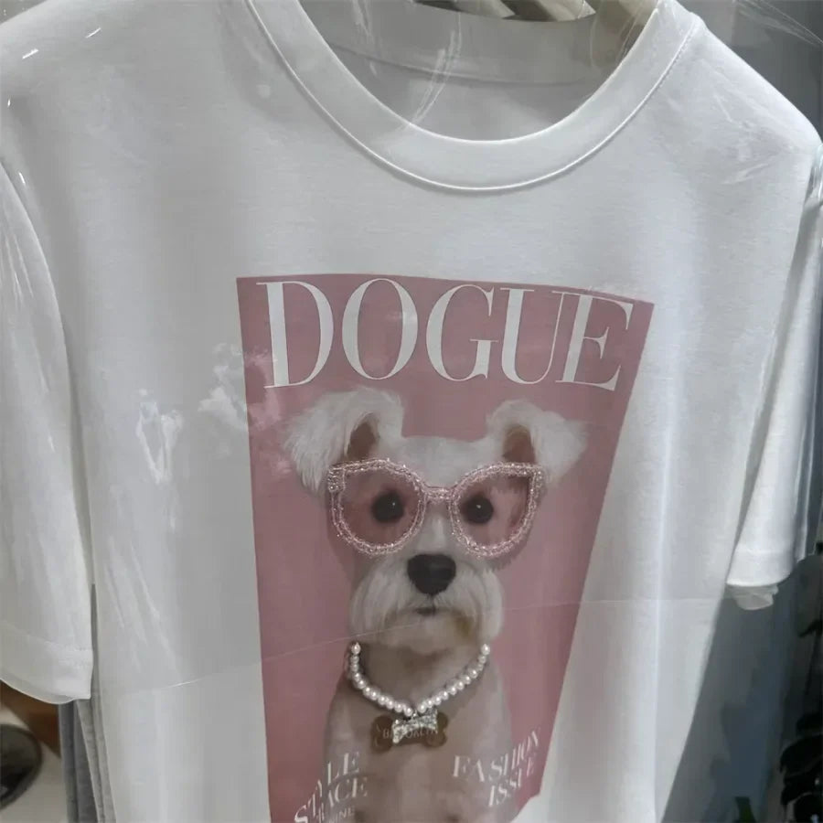 A116 - Premium 220 GSM Cotton Graphic Tee - "DOGUE" Schnauzer with Hand-Stitched Pearls & 3D Crystal Glasses
