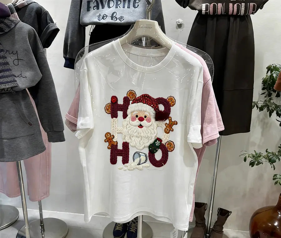 VINESU Hand-Embedded Diamond Cotton Christmas T-Shirt - Creative "HO HO" Santa Print Tee