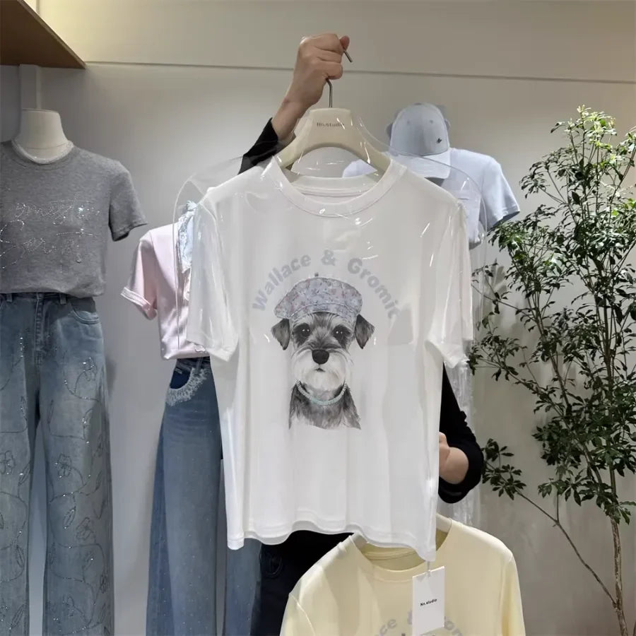 A124 - Wallace & Gromit Schnauzer Graphic T-Shirt - Floral Beret Dog Print Tee with Beaded Embroidery - Y2K Aesthetic Cotton Top