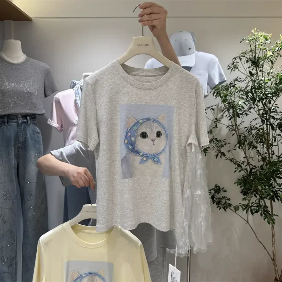 A125 - 220g Heavyweight Cotton Kawaii Cat Graphic T-Shirt - 3D Hand-Crocheted & Beaded Bandana Detail - Premium Boutique Aesthetic Tee