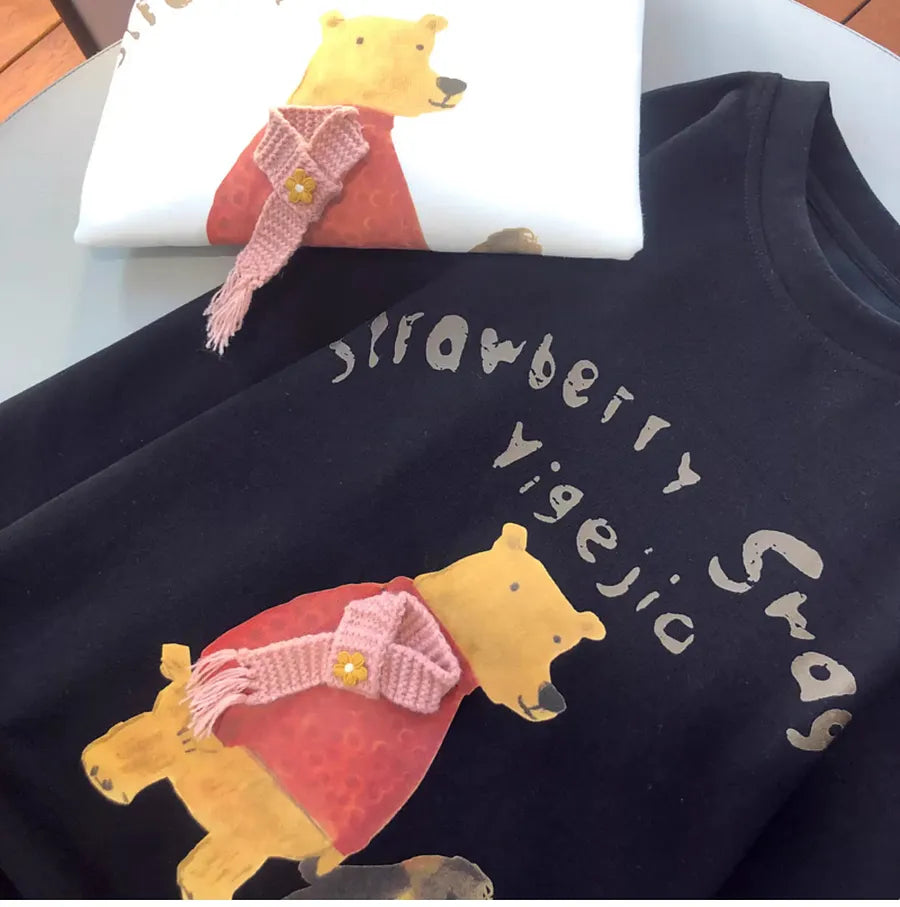 VINESU A13 - Strawberry Swan Bear & Penguin Long Sleeve Tee with 3D Scarf