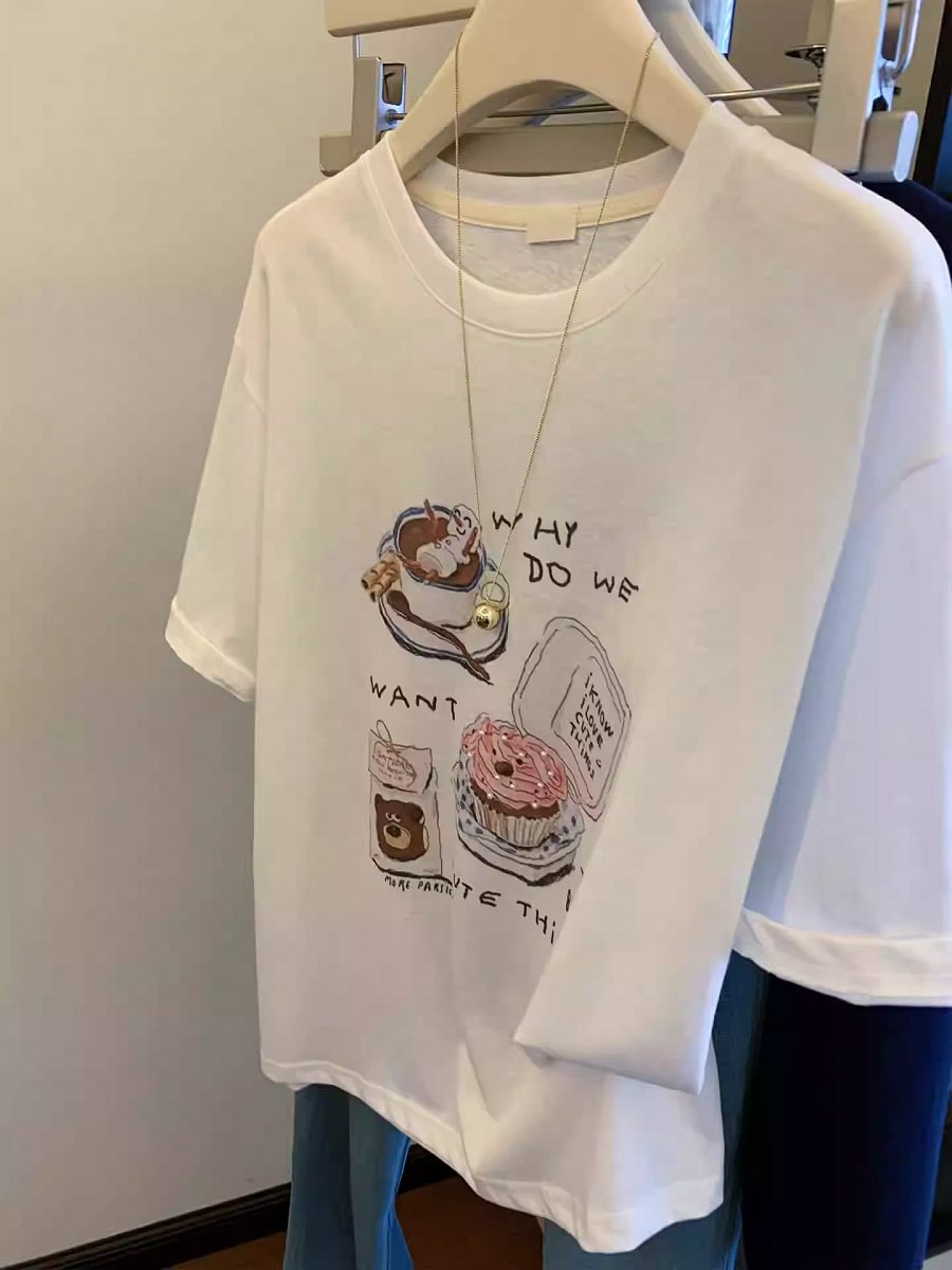 VINESU A32 - 220g Heavyweight Hand-painted Dessert Print Oversized White T-Shirt with Beaded Accents