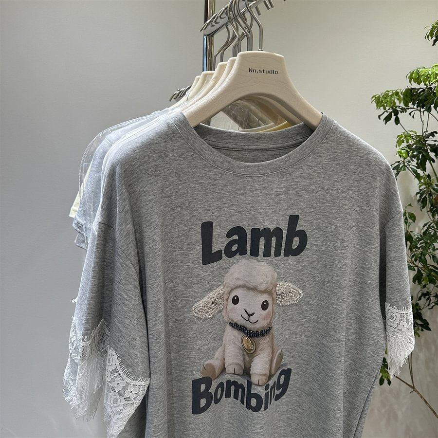A171 - Artisanal Lace & Rhinestone Lamb Tee: 220g Breathable Premium Cotton