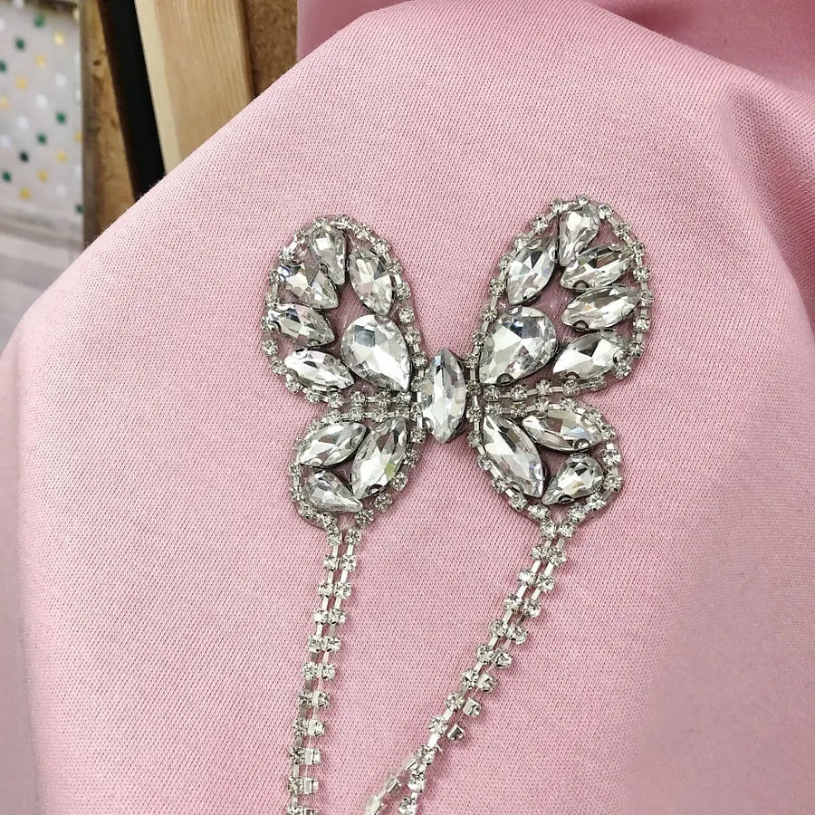 VINESU A26 - Rhinestone Butterfly Tassel Crew Neck Cotton T‑shirt, Soft & Stylish