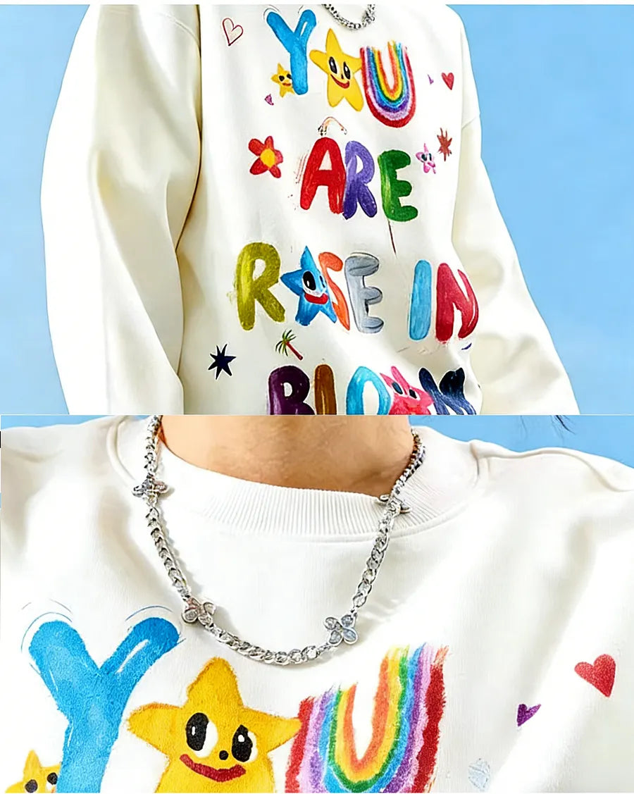 VINESU A36 - Oversized Hand-painted "You Are A Rose In Bloom" Graphic Sweatshirt, Colorful Y2K Aesthetic Pullover
