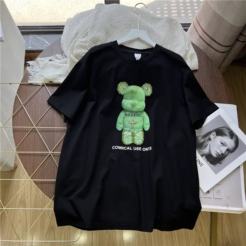 VINESU 3D Bear Rhinestone-Embellished T-Shirt - Casual Streetwear