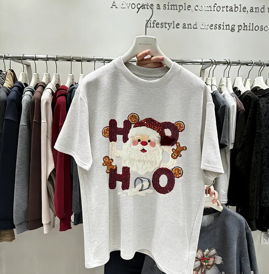 VINESU Hand-Embedded Diamond Cotton Christmas T-Shirt - Creative "HO HO" Santa Print Tee