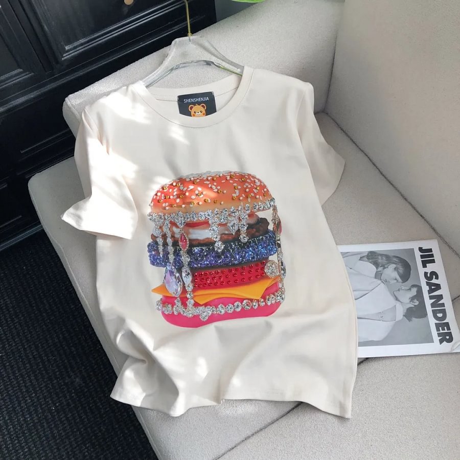 VINESU Pink Edgy-Cute Tee with Heavy Rhinestone Burger Print