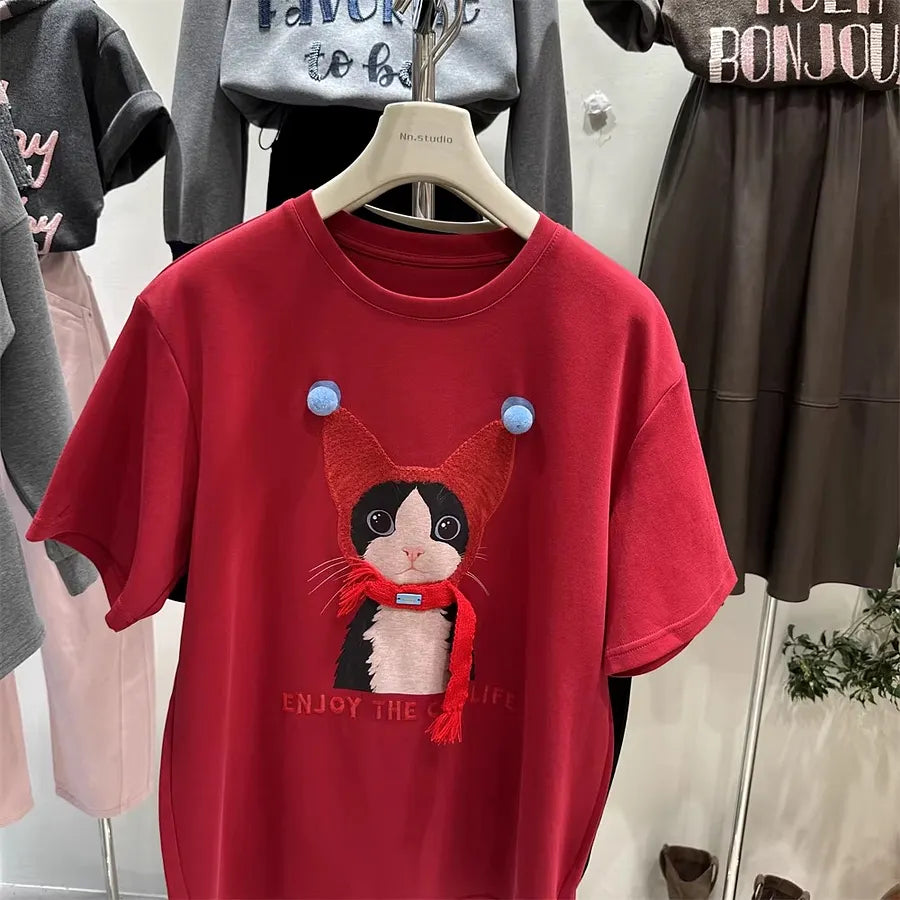A103 - Oversized Graphic T-Shirt - Cute 3D Cat Print with Real Scarf & Pom-Pom Accents, 220g Premium Cotton Breathable Loose Tee
