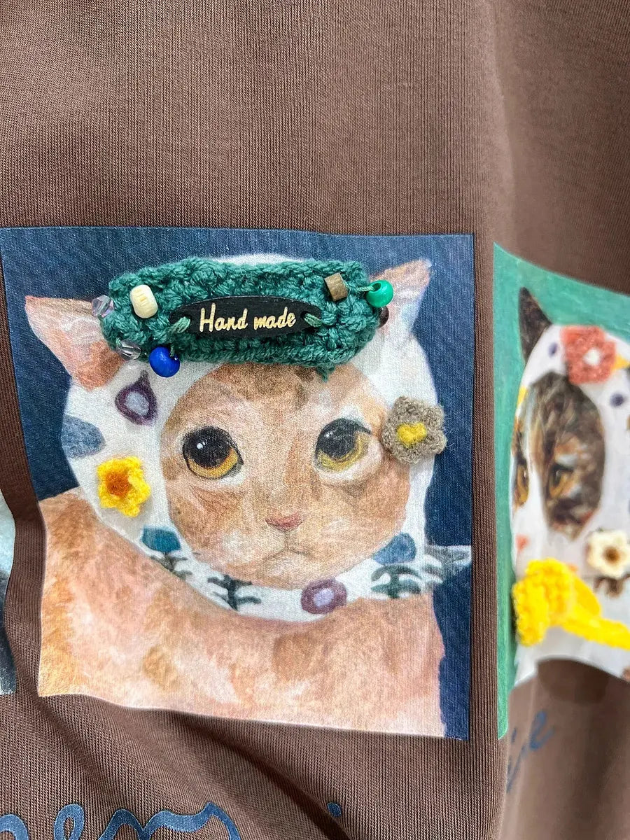 VINESU Style On Point🐈 Cat Illustration Tee—3D Accents Tell Stories