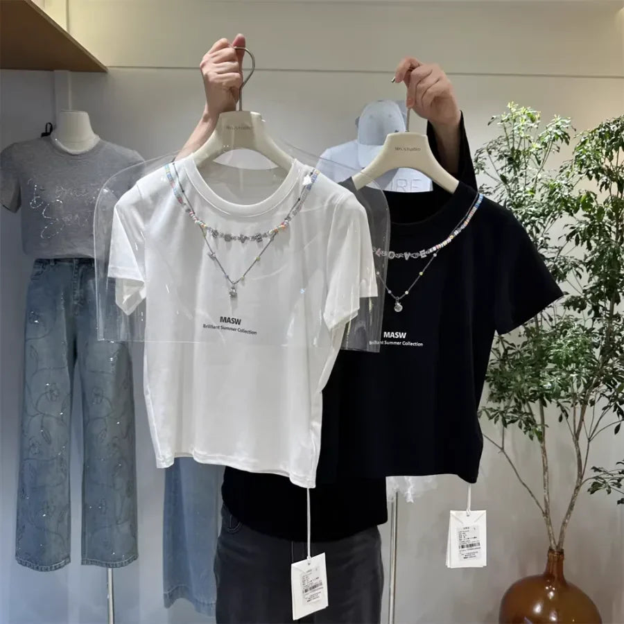 A126 - 220g Heavyweight Cotton T-Shirt with Pre-Layered Beaded Necklace Design - Brilliant Summer Collection Boutique Tee (Available in 4 Colors)