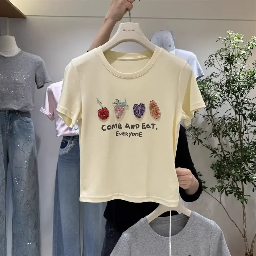 A121 - Luxury Fruit Embroidery Beaded T-Shirt - 100% Heavy Cotton