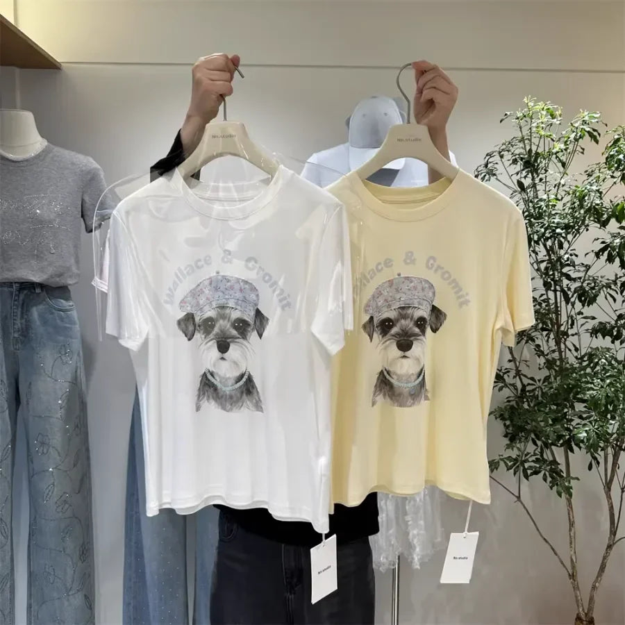 A124 - Wallace & Gromit Schnauzer Graphic T-Shirt - Floral Beret Dog Print Tee with Beaded Embroidery - Y2K Aesthetic Cotton Top