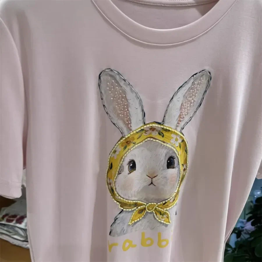 A122 -220g Cotton Tee with Hand-Beaded Bunny & Floral Hood Motif