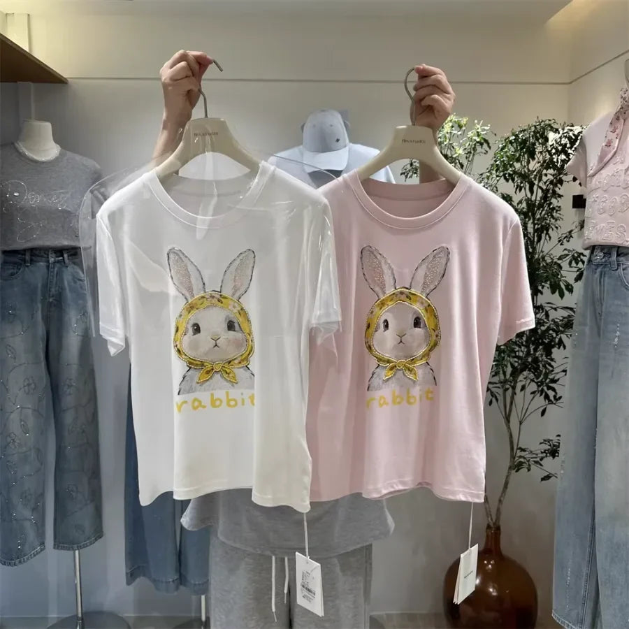 A122 -220g Cotton Tee with Hand-Beaded Bunny & Floral Hood Motif