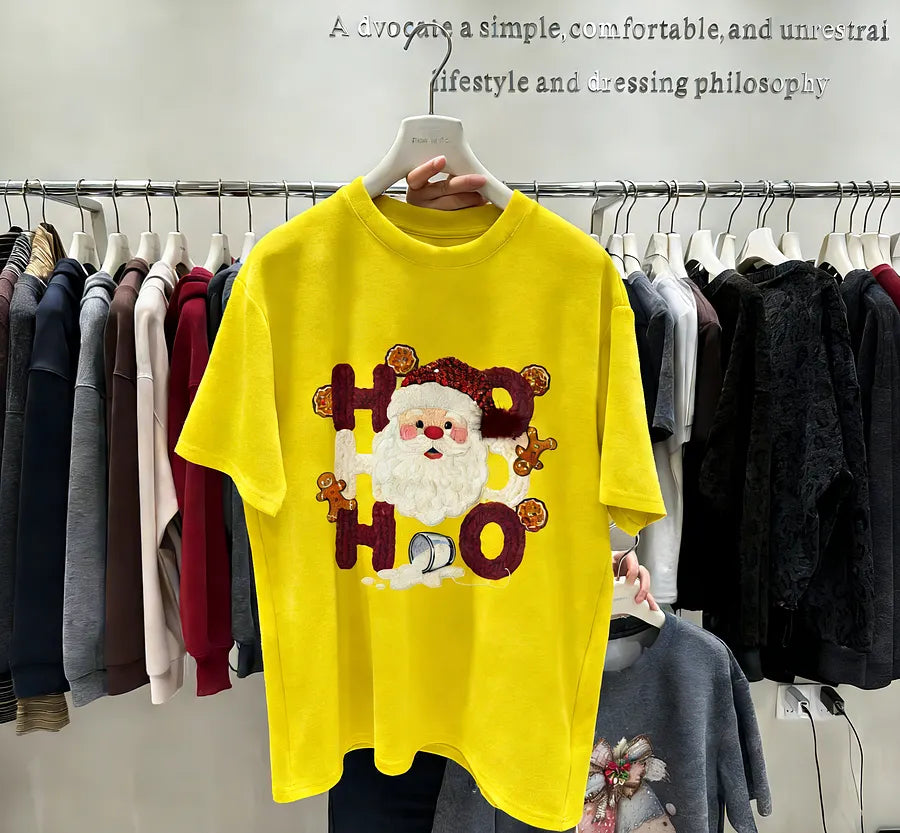 VINESU Hand-Embedded Diamond Cotton Christmas T-Shirt - Creative "HO HO" Santa Print Tee