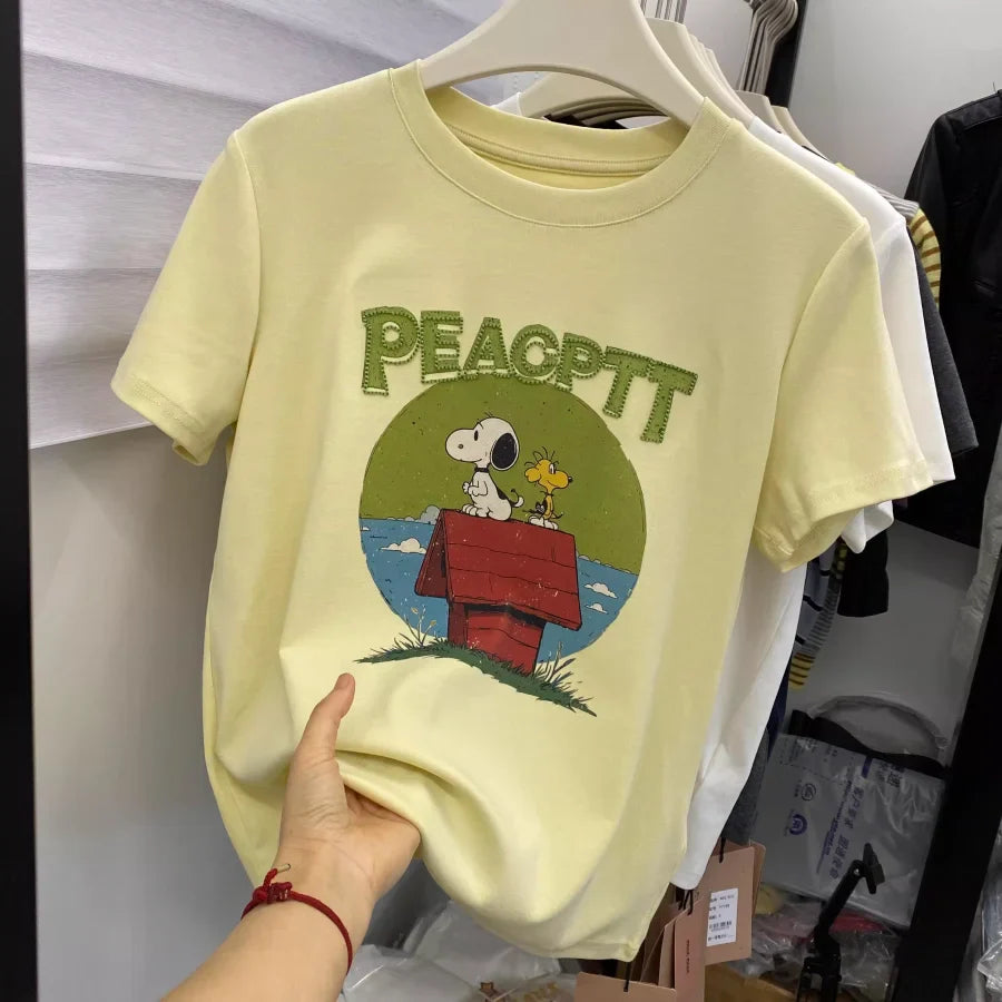 A148 - Snoopy Vintage Retro Comic Oversized Tee - Hand-Embroidered Lettering & Graphic T-Shirt