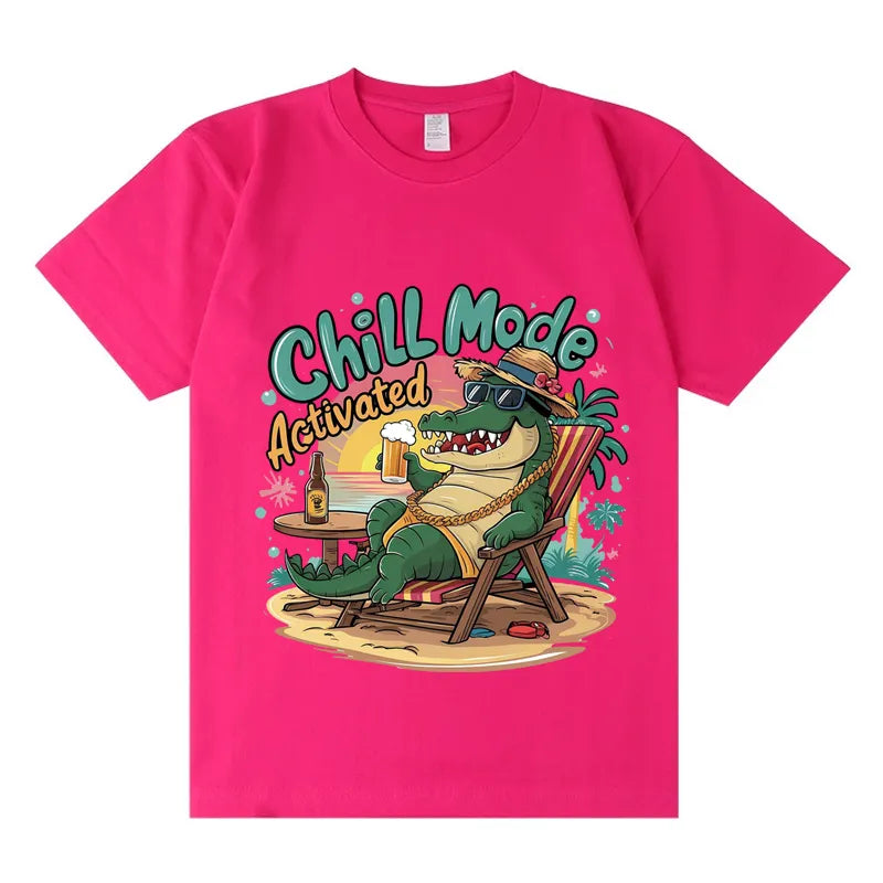 VINESU 100% Cotton Oversized T-Shirt: Chill Mode Activated Crocodile Vacation Graphic Print