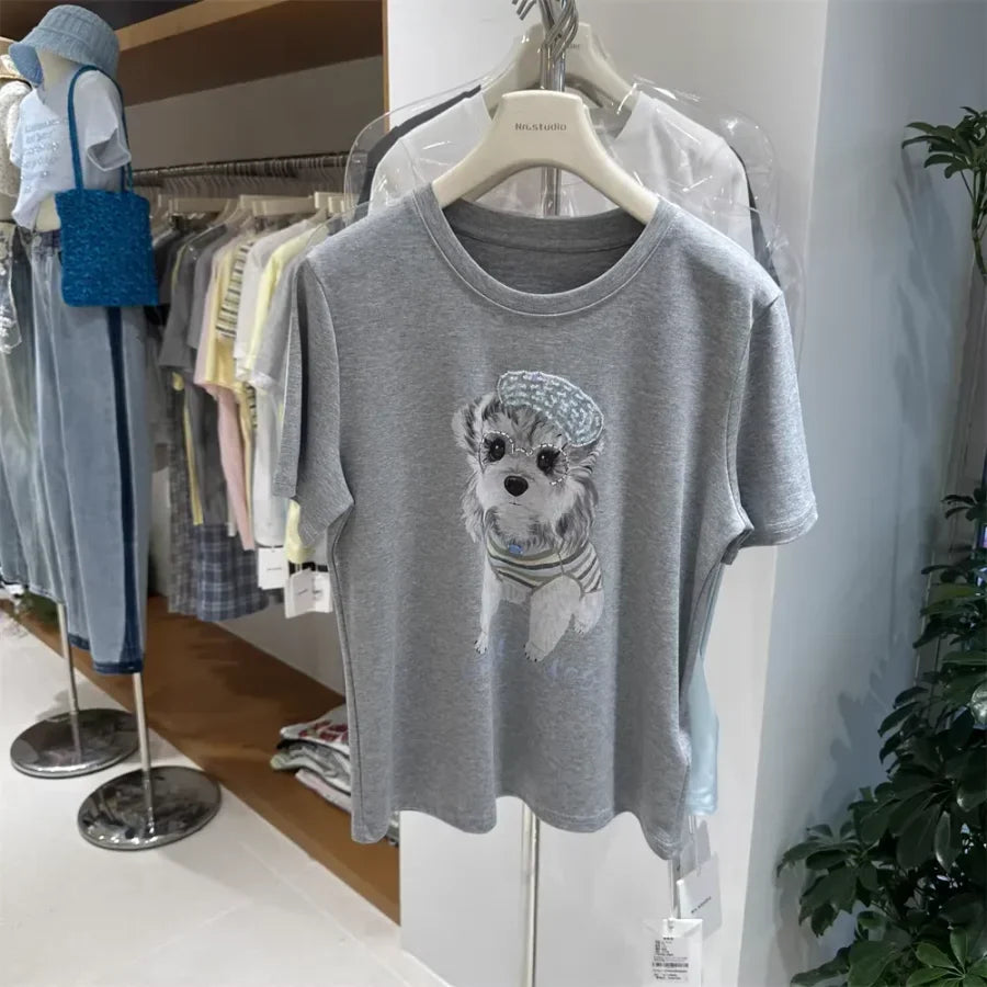 A127 - 220g Heavyweight Cotton Poodle Graphic Tee - 3D Terry Cloth Embroidery Dog & Heart Balloon T-Shirt - Premium Boutique Summer Top