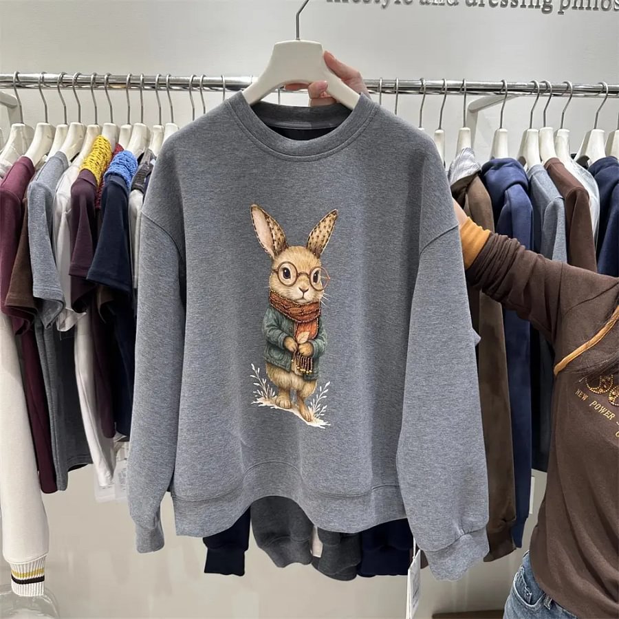 VINESU Heavy-Duty Glasses Bunny Crewneck Sweatshirt - Trendy Casual Style