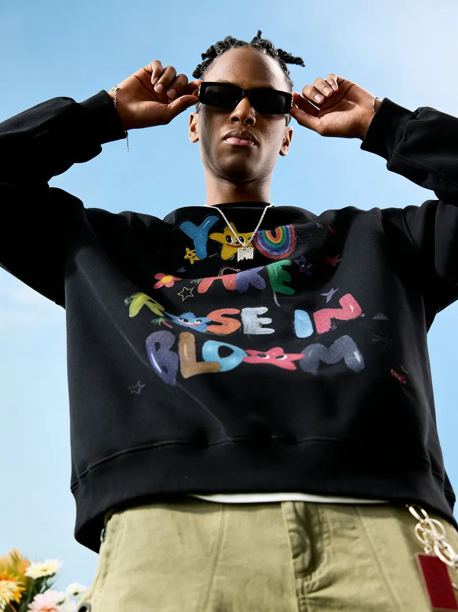 VINESU A36 - Oversized Hand-painted "You Are A Rose In Bloom" Graphic Sweatshirt, Colorful Y2K Aesthetic Pullover
