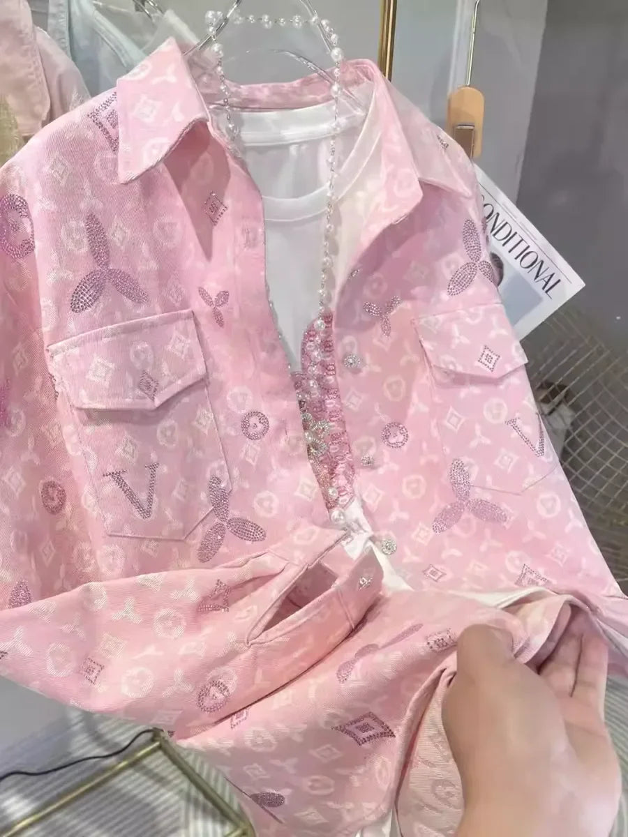 VINESU All-Over Rhinestone Embroidery Oversized Shirt Jacket 👚Stylish Casual Outerwear