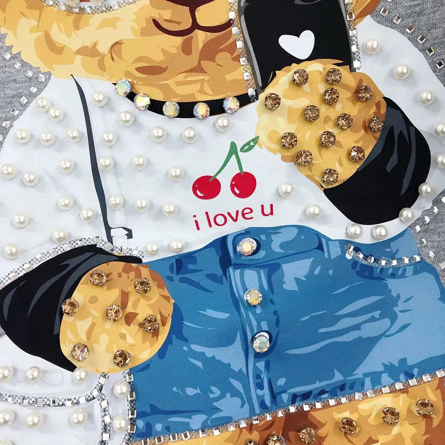 VINESU A18 - Selfie Teddy Bear Print Hand-Beaded Casual T-Shirt