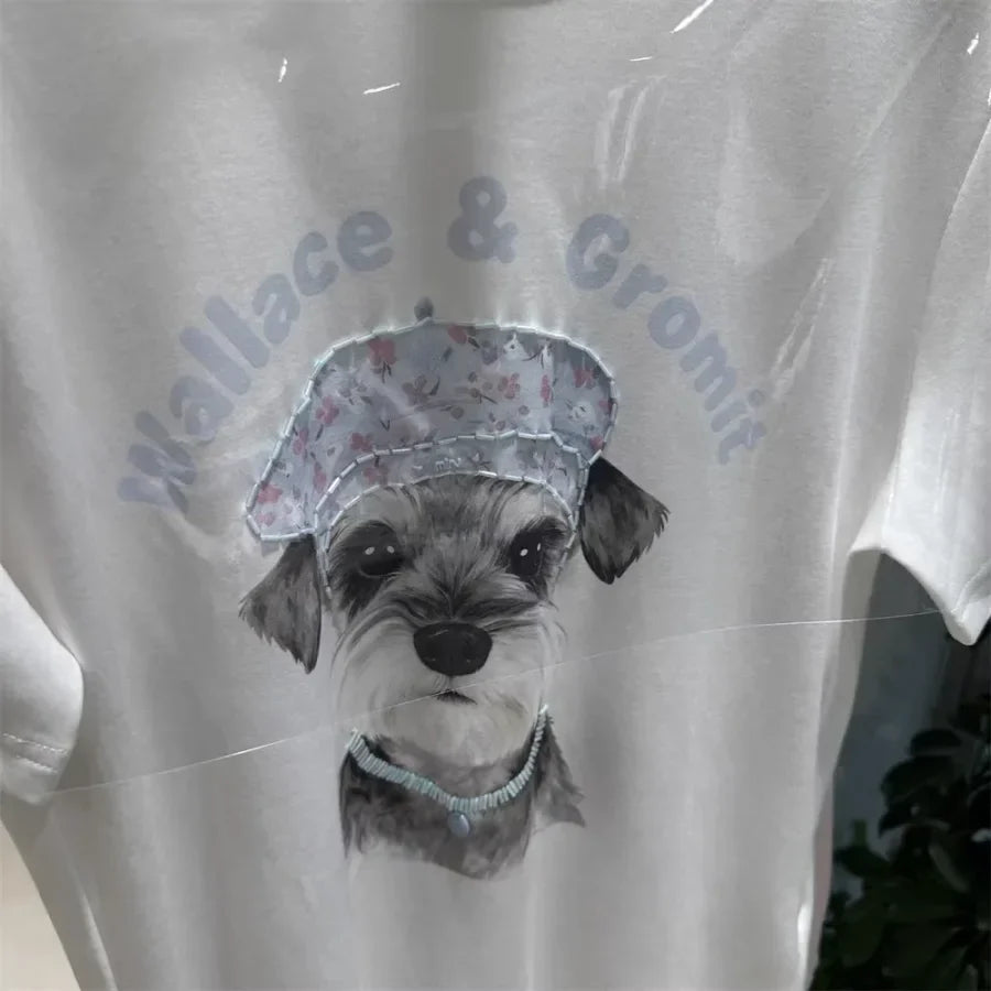 A124 - Wallace & Gromit Schnauzer Graphic T-Shirt - Floral Beret Dog Print Tee with Beaded Embroidery - Y2K Aesthetic Cotton Top
