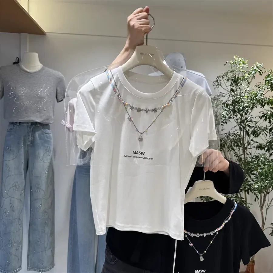 A126 - 220g Heavyweight Cotton T-Shirt with Pre-Layered Beaded Necklace Design - Brilliant Summer Collection Boutique Tee (Available in 4 Colors)