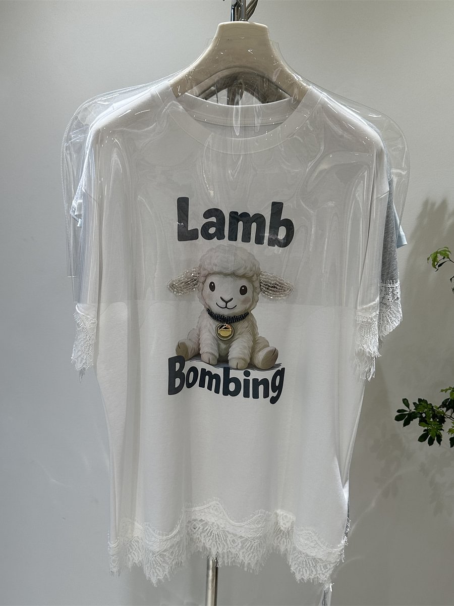 A171 - Artisanal Lace & Rhinestone Lamb Tee: 220g Breathable Premium Cotton