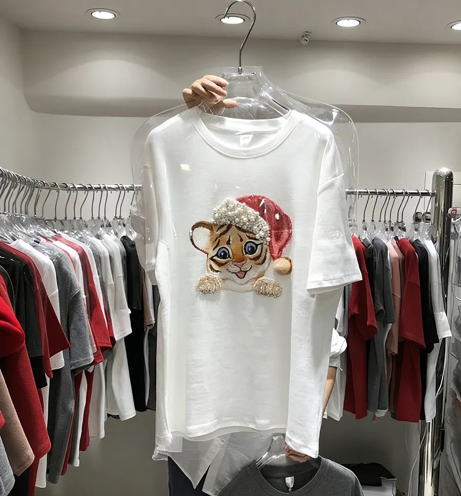 VINESU A03 - Christmas Tiger Pearl & Crystal Embellished 220g Cotton Oversized Tee