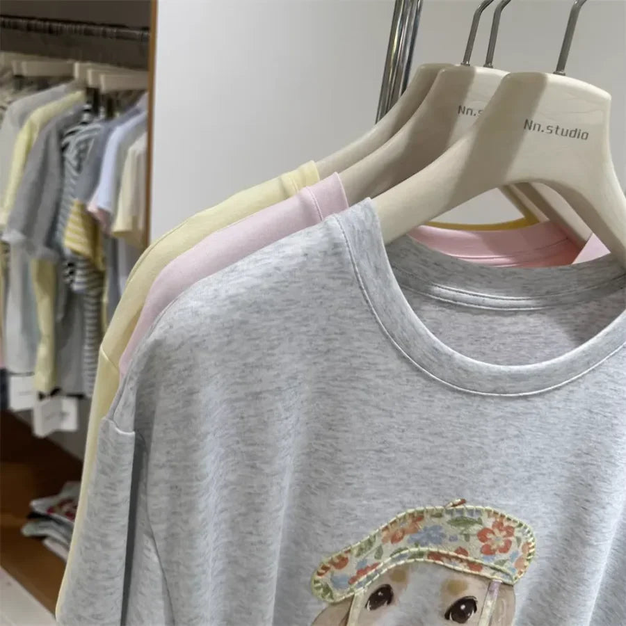 A119 - Vintage French Style Dog Tee - 220g Pure Cotton with Floral Beret Patch & 3D Ribbon Detail