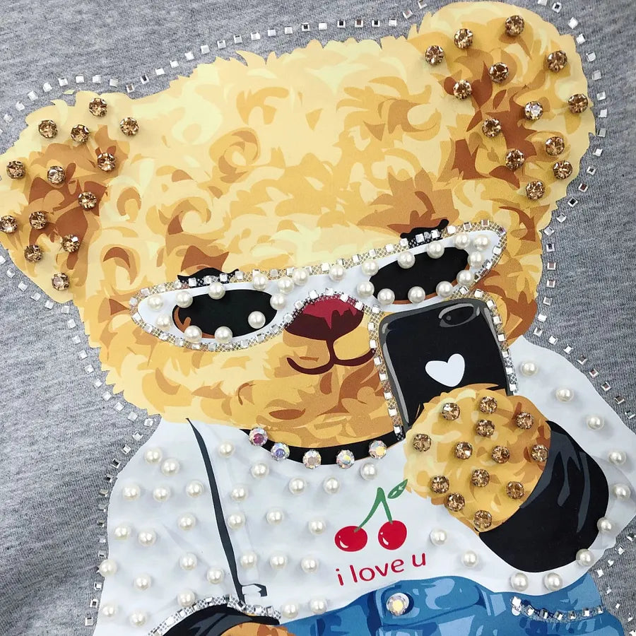 VINESU A18 - Selfie Teddy Bear Print Hand-Beaded Casual T-Shirt