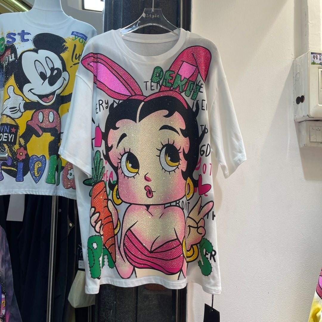A212 - Betty Boop Bunny Sparkle Oversized Tee - 320g Heavyweight Premium Cotton - Rhinestone Double-Sided Streetwear Shirt