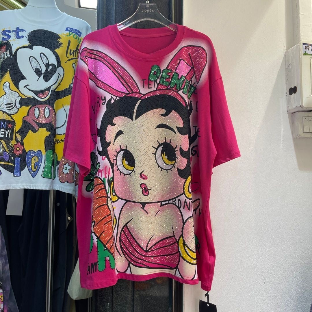 A212 - Betty Boop Bunny Sparkle Oversized Tee - 320g Heavyweight Premium Cotton - Rhinestone Double-Sided Streetwear Shirt