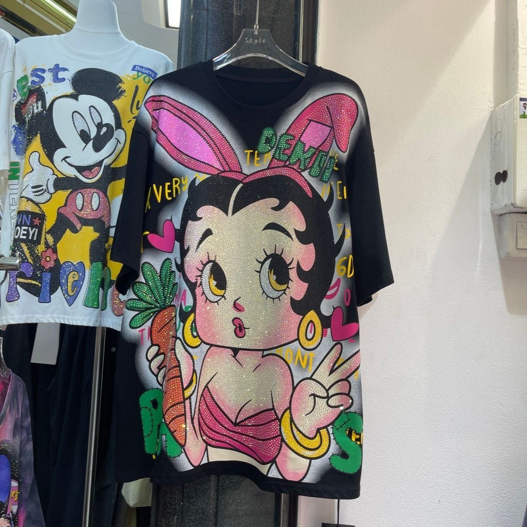 A212 - Betty Boop Bunny Sparkle Oversized Tee - 320g Heavyweight Premium Cotton - Rhinestone Double-Sided Streetwear Shirt