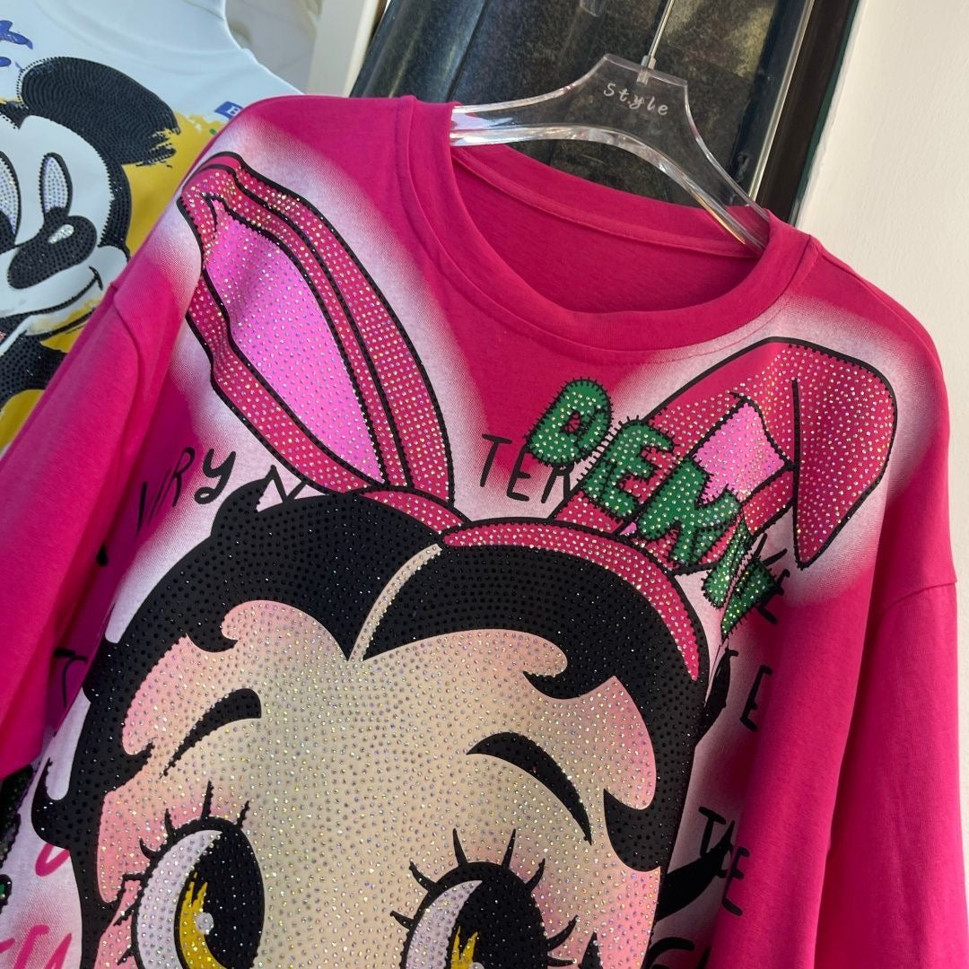 A212 - Betty Boop Bunny Sparkle Oversized Tee - 320g Heavyweight Premium Cotton - Rhinestone Double-Sided Streetwear Shirt