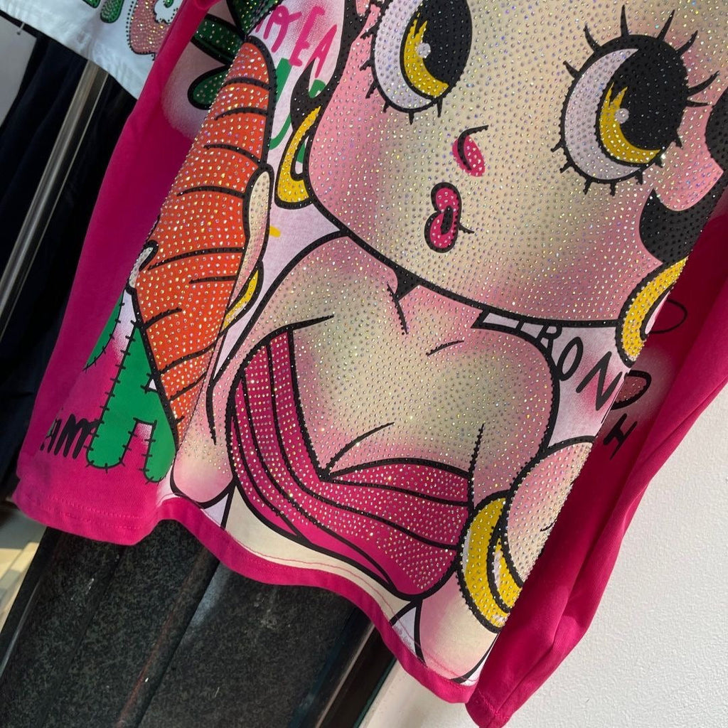A212 - Betty Boop Bunny Sparkle Oversized Tee - 320g Heavyweight Premium Cotton - Rhinestone Double-Sided Streetwear Shirt