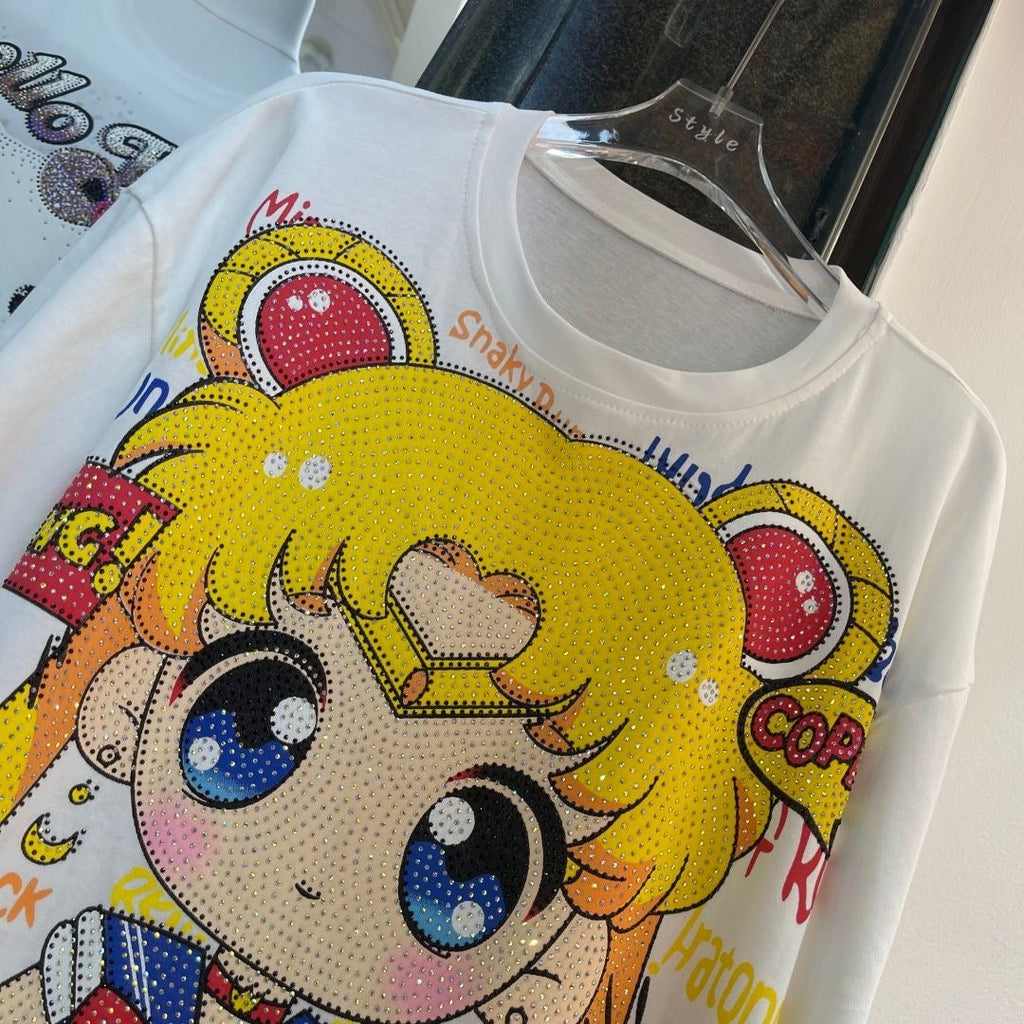 A215 - Sailor Moon Usagi Sparkle Oversized Tee - 320g Heavyweight Premium Cotton - Luxury Rhinestone Bling Anime Streetwear Shirt