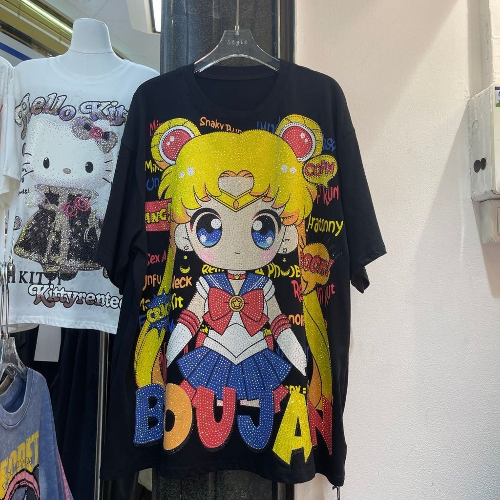 A215 - Sailor Moon Usagi Sparkle Oversized Tee - 320g Heavyweight Premium Cotton - Luxury Rhinestone Bling Anime Streetwear Shirt