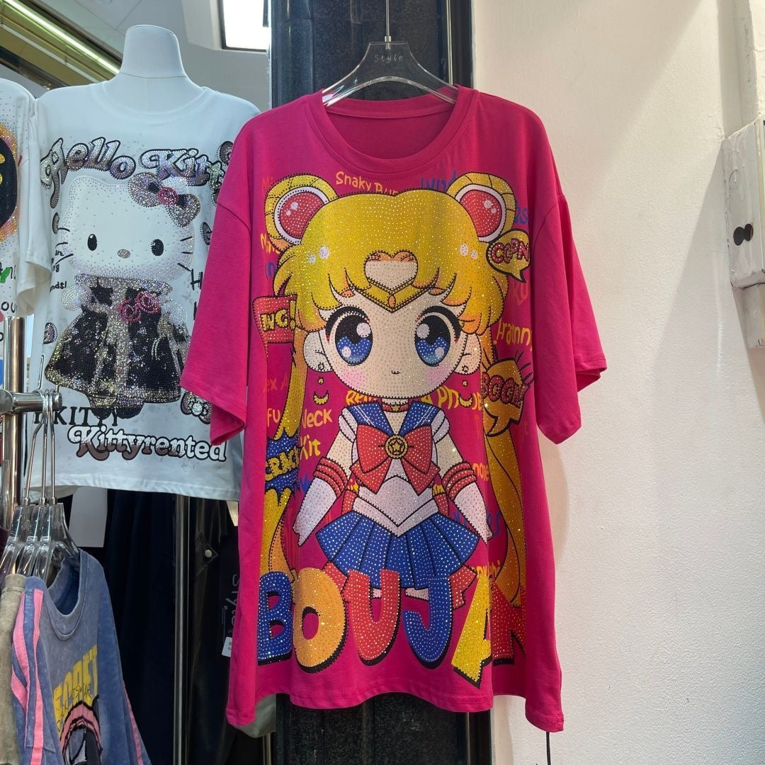 A215 - Sailor Moon Usagi Sparkle Oversized Tee - 320g Heavyweight Premium Cotton - Luxury Rhinestone Bling Anime Streetwear Shirt