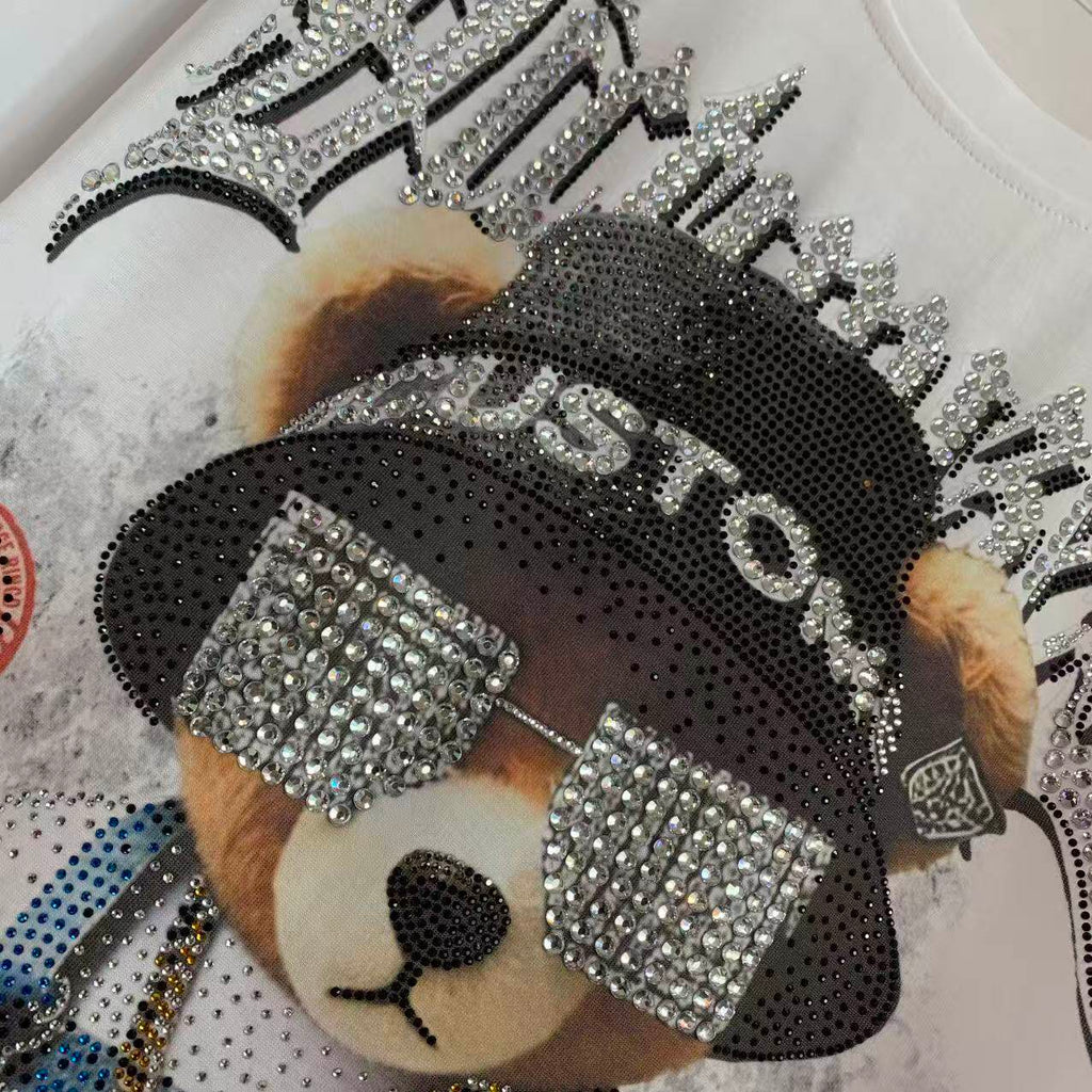 A221 - Hypebeast Teddy Bear Oversized Tee - 320g Heavyweight Breathable Cotton - Premium Rhinestone & Big Crystal Sunglasses Luxury Streetwear Shirt