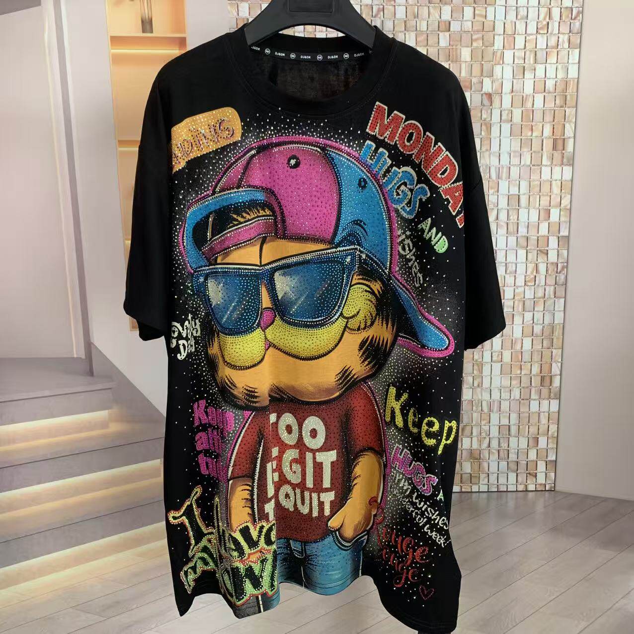 A222 - Garfield Y2K Sparkle Oversized Tee - 320g Heavyweight Breathable Cotton - Premium Bling Character Streetwear Boxy T-Shirt
