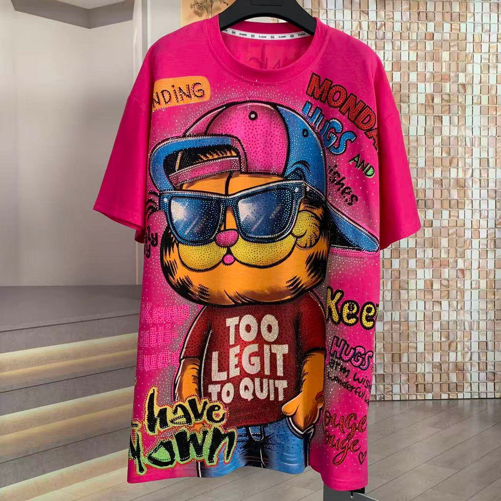 A222 - Garfield Y2K Sparkle Oversized Tee - 320g Heavyweight Breathable Cotton - Premium Bling Character Streetwear Boxy T-Shirt