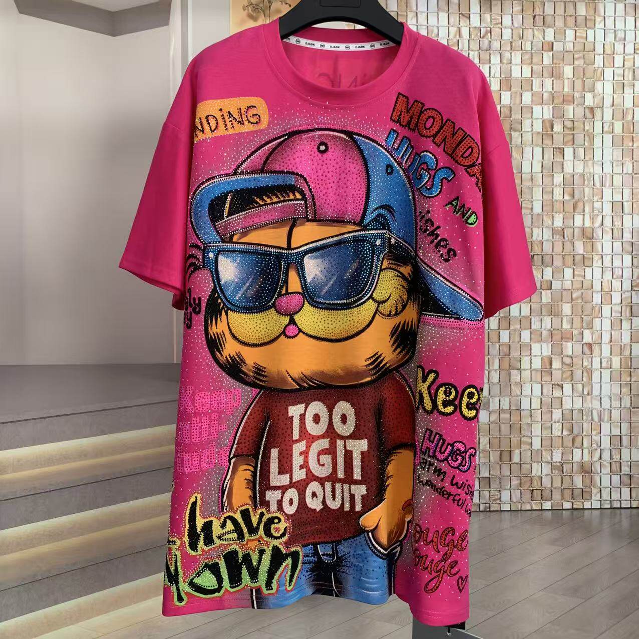 A222 - Garfield Y2K Sparkle Oversized Tee - 320g Heavyweight Breathable Cotton - Premium Bling Character Streetwear Boxy T-Shirt